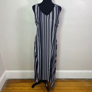 Tommy Bahama Anoche Medium Navy White Striped Handkerchief Hem Maxi Dress